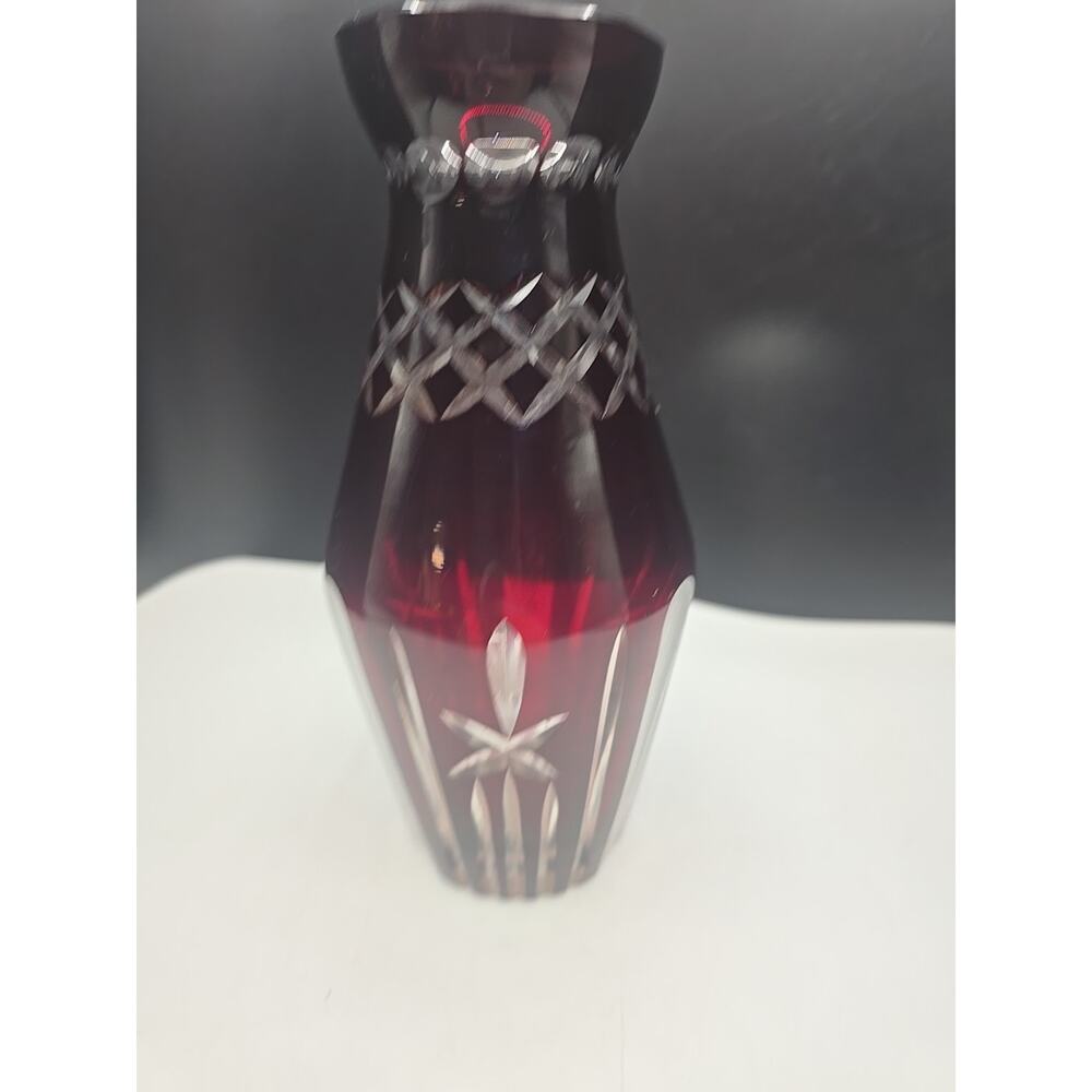 Ruby Red Cased Cut‎ Glass Flower Vase 7.25" H